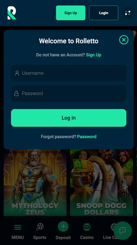 Rolletto Casino login screen on mobile